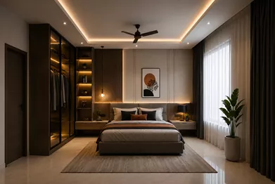 VLPL Floors low rise floors bedroom with mounted TV and designer wall panels